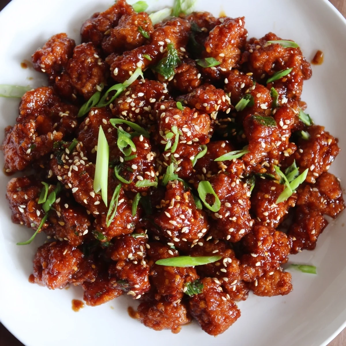 Pan-fried ground chicken simmered in thick brown ginger sauce with green onion garnish