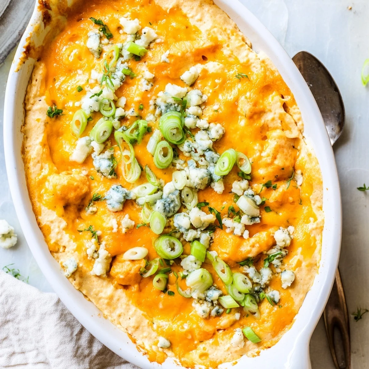 Golden bubbly cheesy white bean buffalo dip fresh from oven with melted cheddar topping