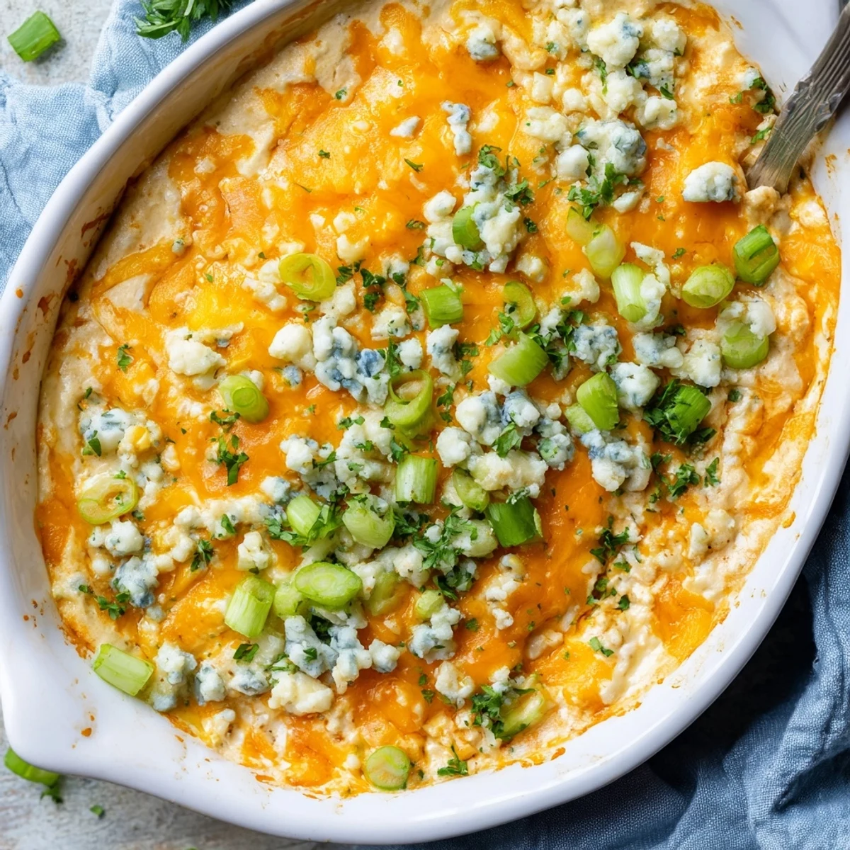 Spicy white bean buffalo appetizer in baking dish topped with shredded cheese and parsley