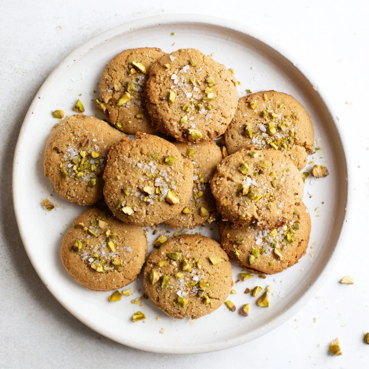 Soft golden salted honey pistachio cookies topped with flaky sea salt on a white plate.