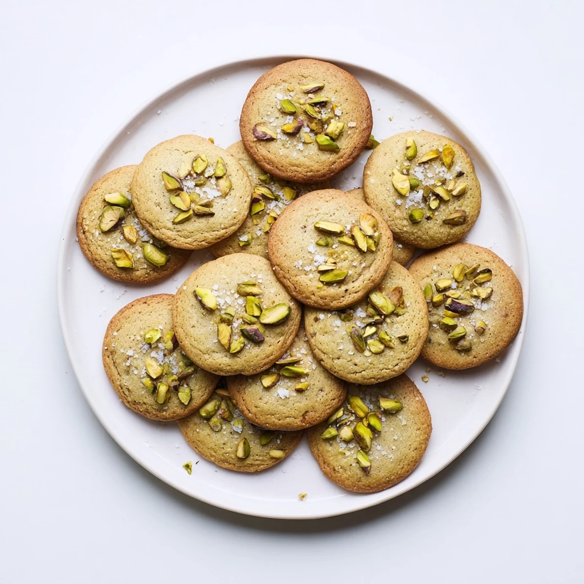 Chewy honey cookies studded with green pistachios and sparkling salt crystals, freshly baked.
