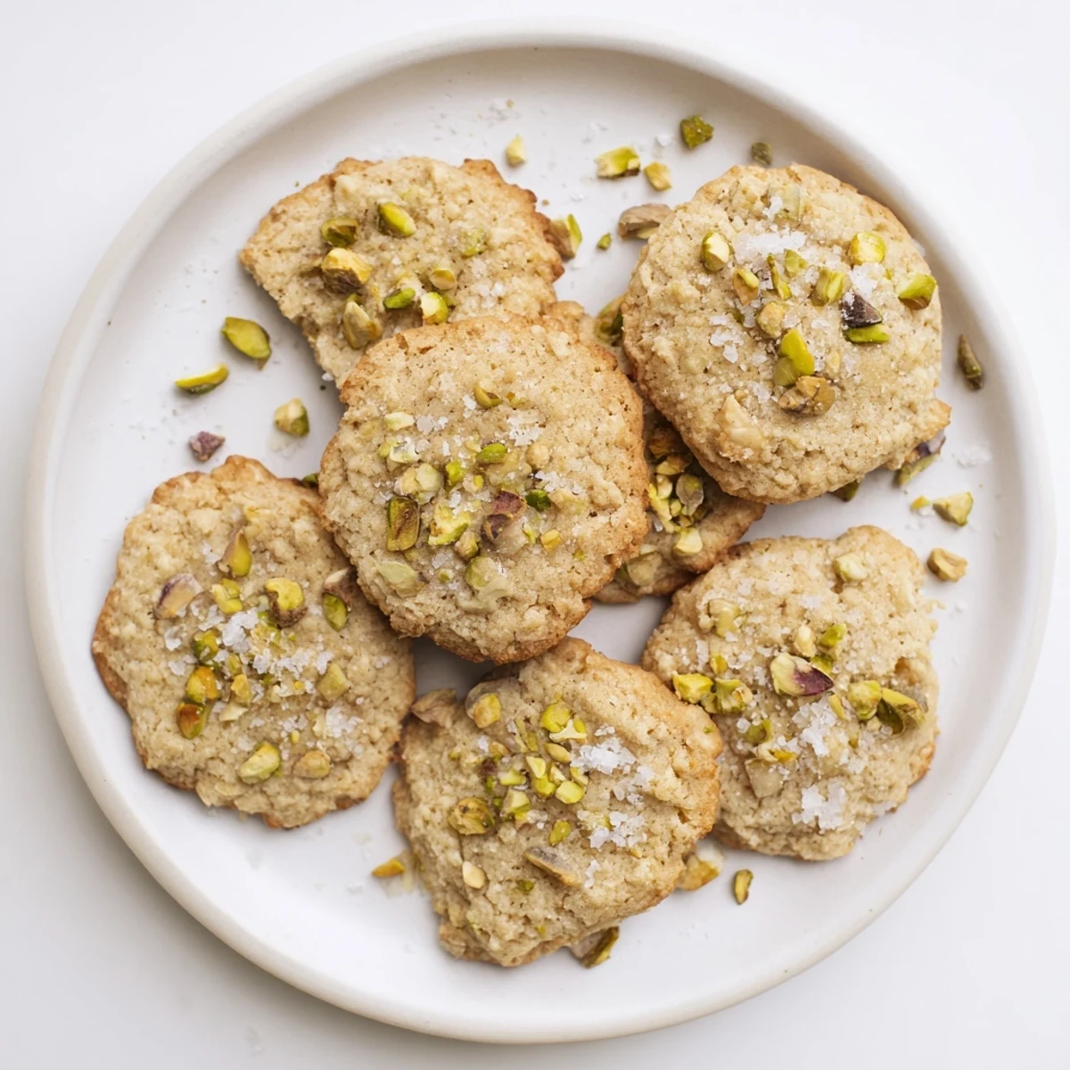 Stack of sweet and salty honey pistachio cookies with nutty chunks and golden edges.
