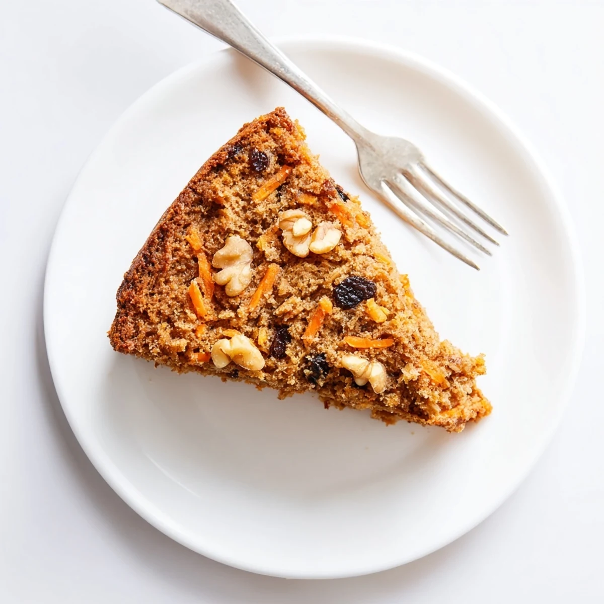 Wholesome flourless carrot cake with visible oat texture and grated carrot flecks, dusted with cinnamon