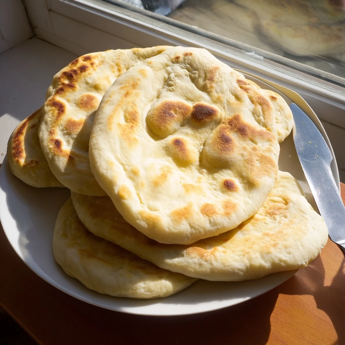 Fluffy Turkish Bazlama flatbread stacked high ready for dipping and wrapping