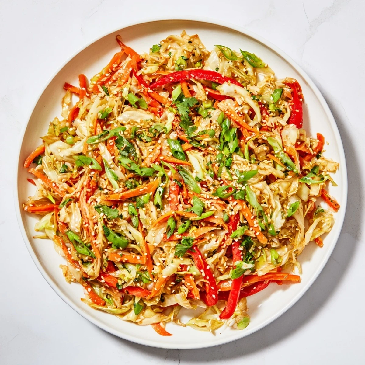 Garden-fresh cabbage stir fry with vibrant julienned vegetables tossed in an aromatic Asian-inspired glaze