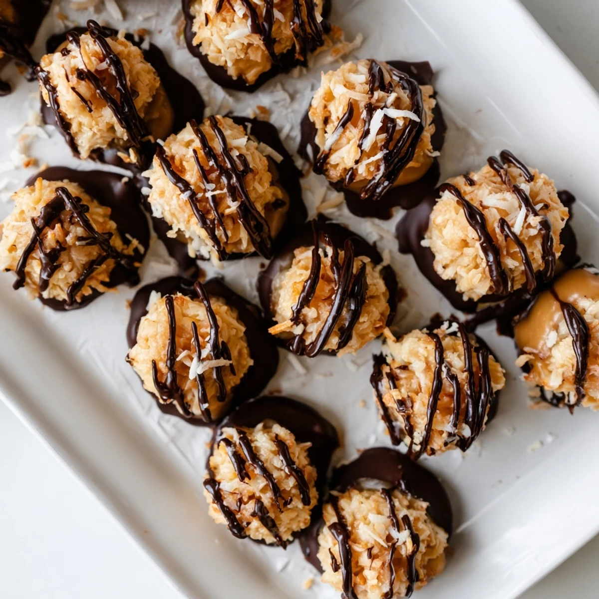 Chocolate-dipped no bake Samoa bites with gooey caramel coconut centers ready for serving