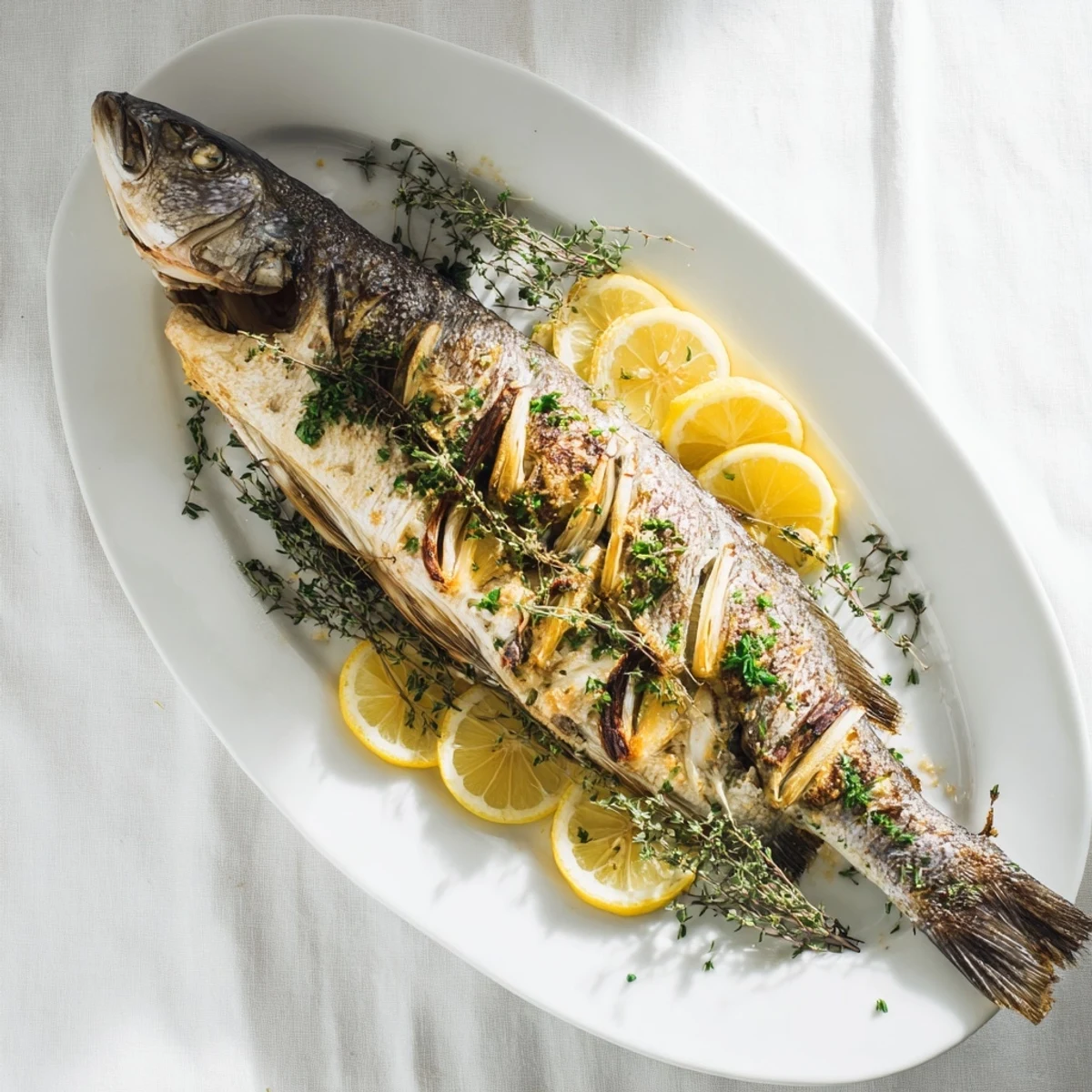 Whole roasted fish with crispy golden skin garnished with fresh parsley and lemon wedges on a serving platter