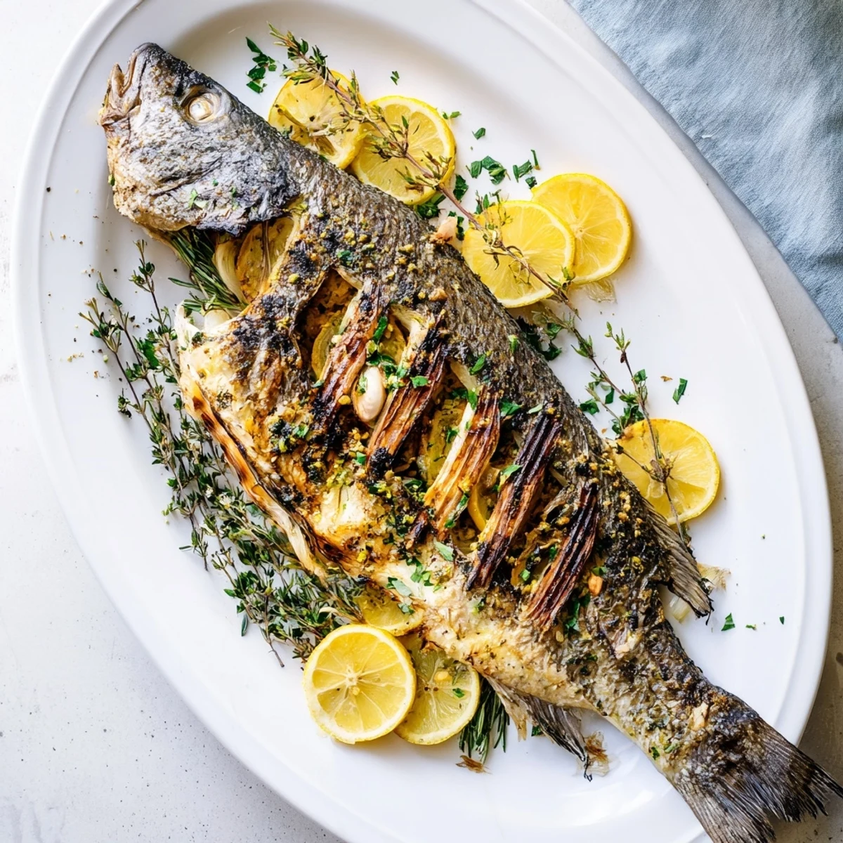 Golden whole roasted fish with perfectly crispy skin served with fresh lemon and herbs on a white platter