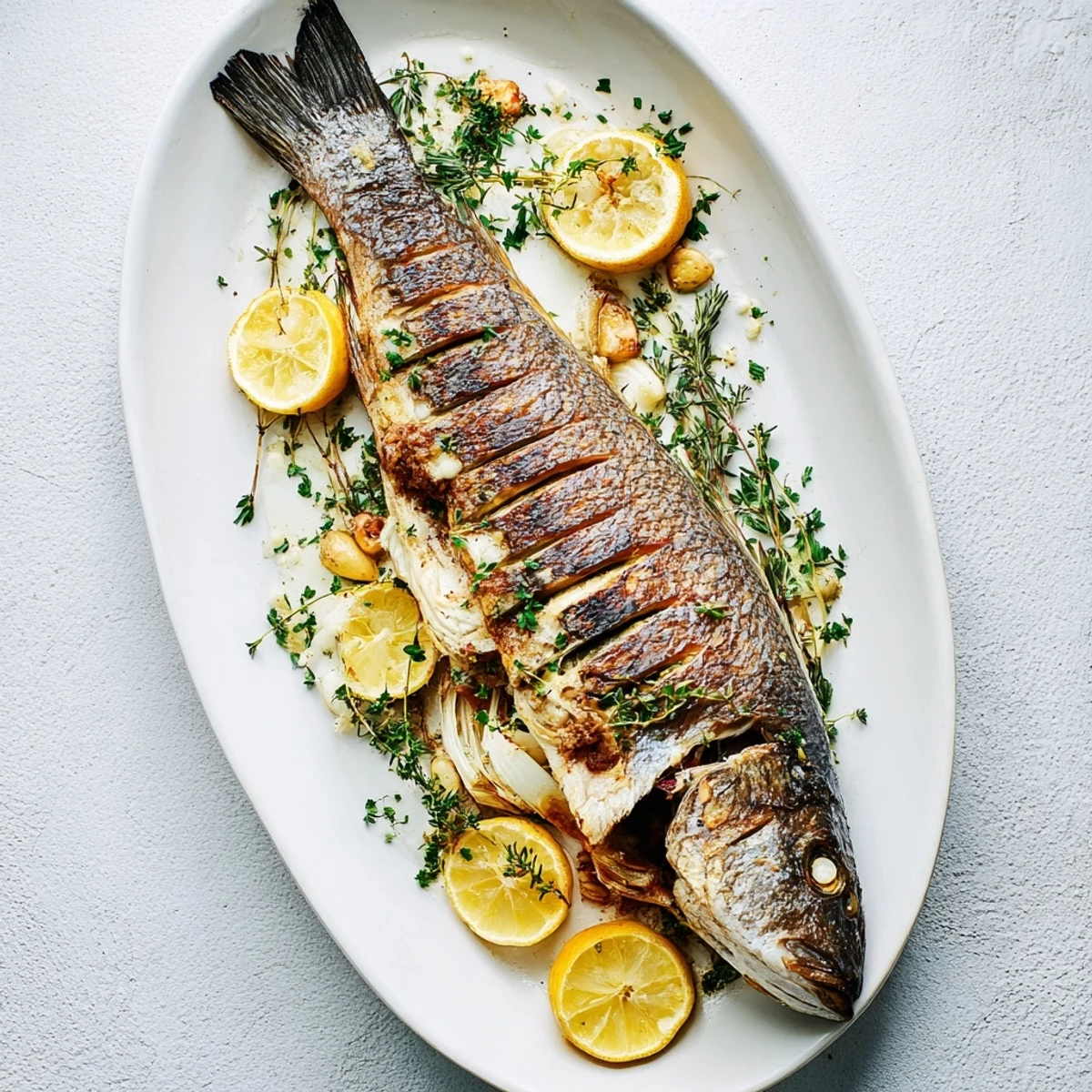 Mediterranean style whole roasted fish featuring beautifully crisped skin, aromatic herbs, and bright citrus slices