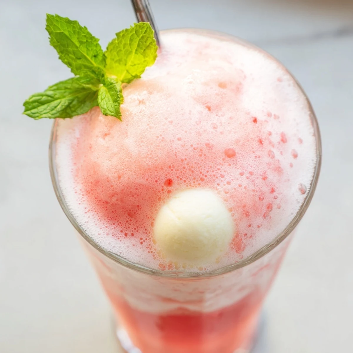 Refreshing watermelon ice cream floats layered with vanilla scoops and fizzing lemon-lime soda in tall glasses