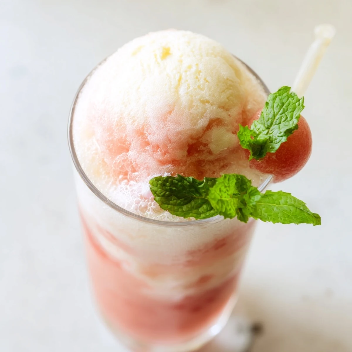 Vibrant pink watermelon puree topped with creamy vanilla ice cream and sparkling soda garnished with fresh mint