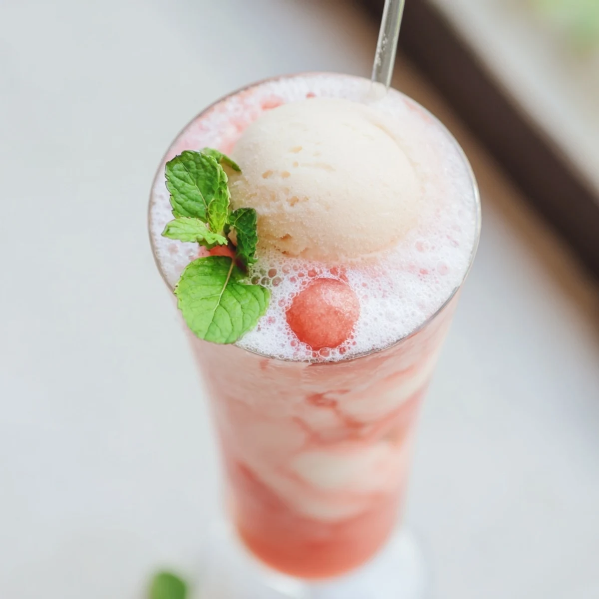 Tall glass of chilled watermelon ice cream float featuring scoops of vanilla cream topped with bubbling soda