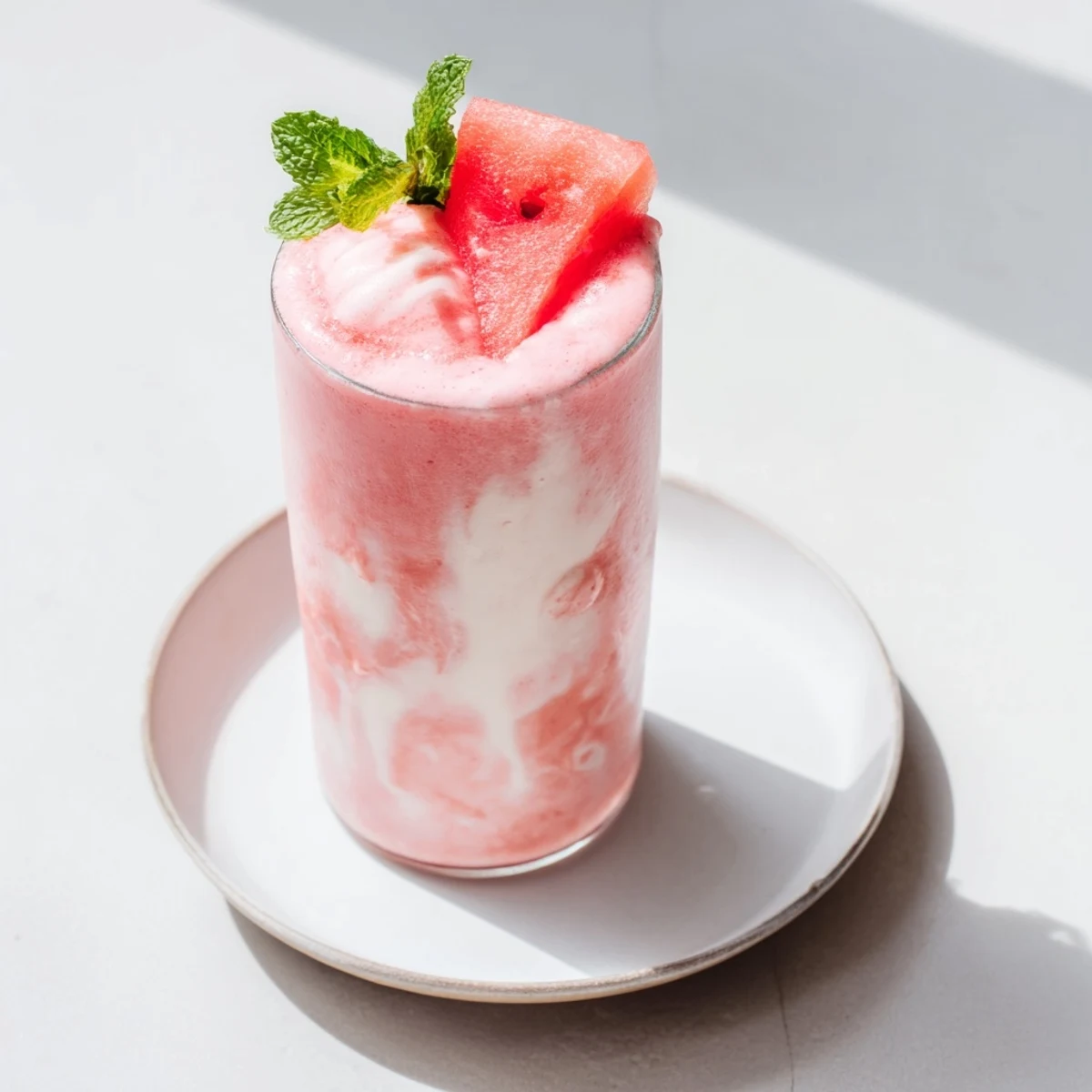 Creamy blended watermelon milkshake in clear glass with ice cubes on wooden table