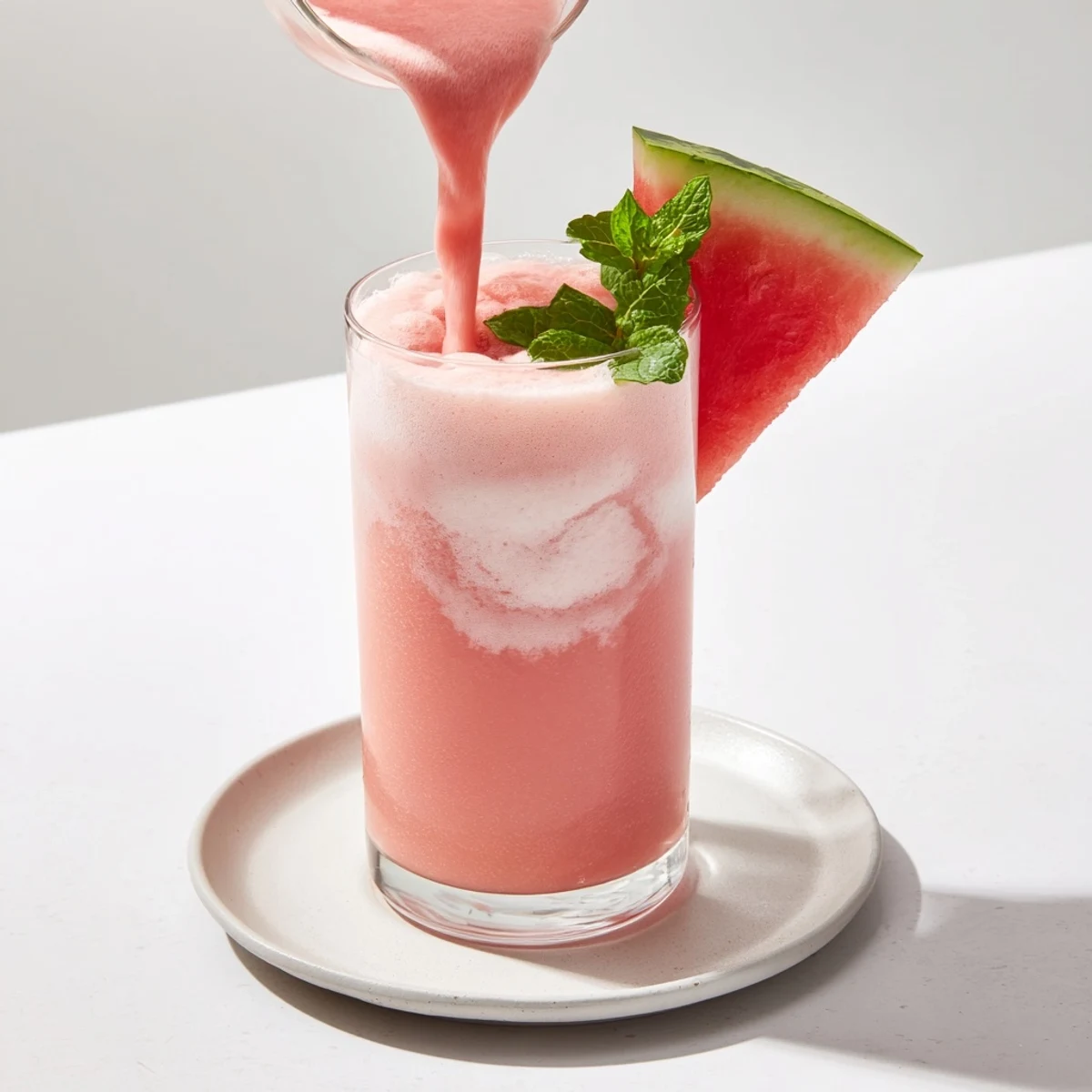 Tall glass of pink watermelon milkshake topped with whipped cream and fresh mint