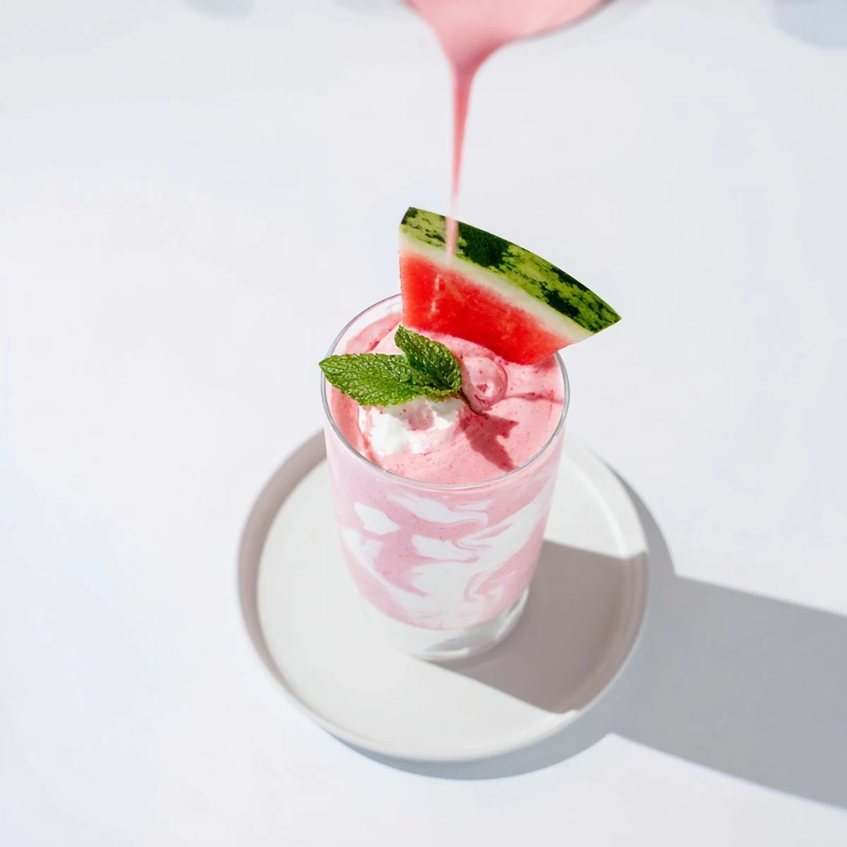 Refreshing pink watermelon milkshake garnished with watermelon wedge on summer patio background