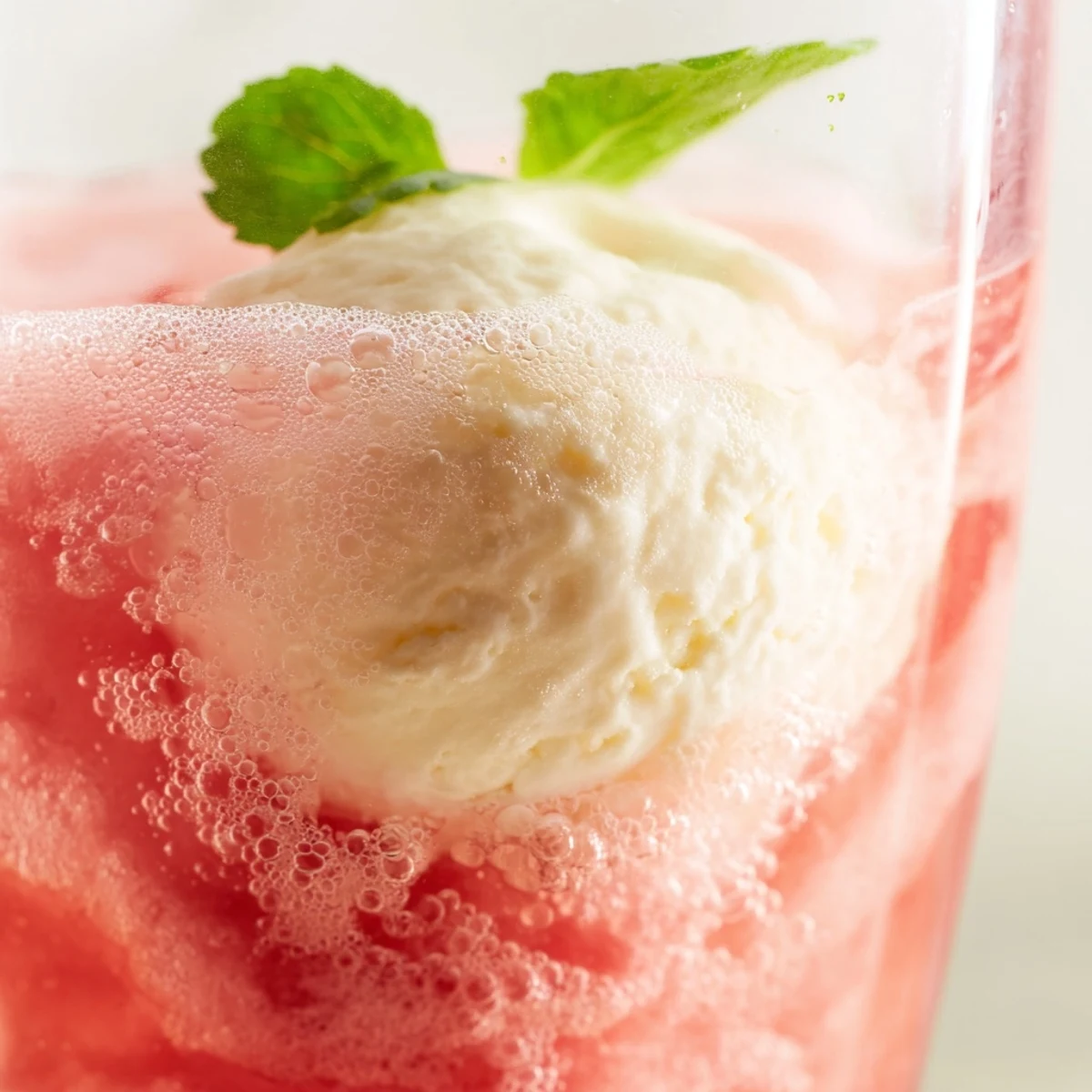 Garnished Watermelon Mango Floats topped with melting vanilla ice cream and fresh mint in tall glasses