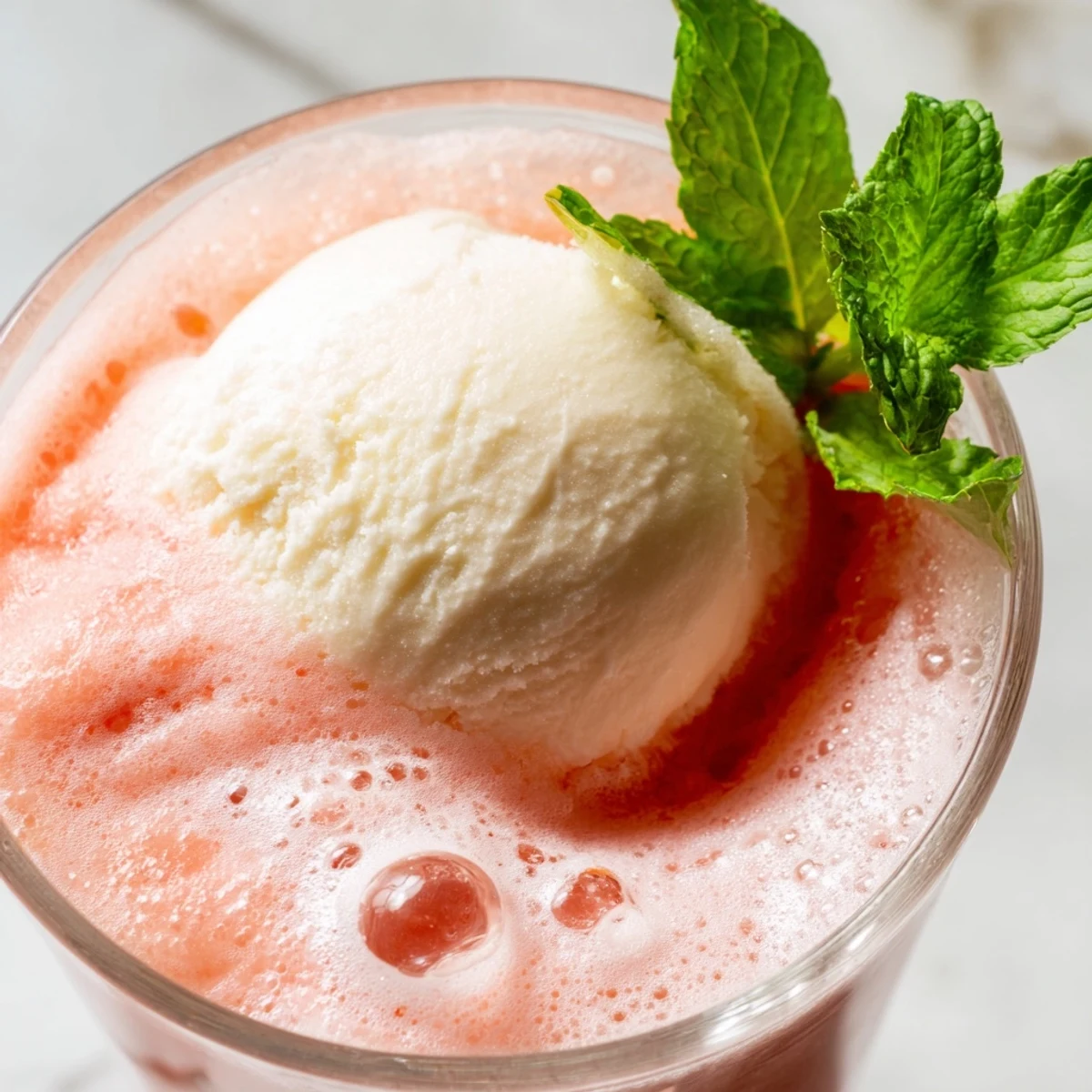 Refreshing tropical Watermelon Mango Floats with layered fruit puree and creamy scoop on a sunny day