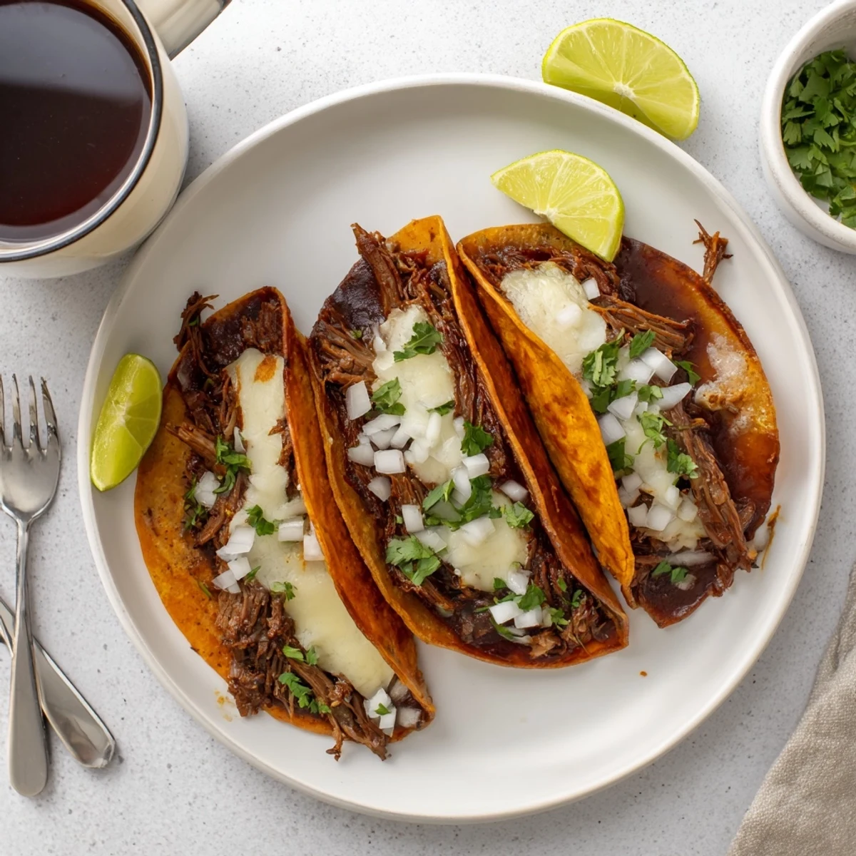 Crispy Birria tacos filled with tender shredded beef and melted Oaxaca cheese, garnished with fresh cilantro and diced white onion