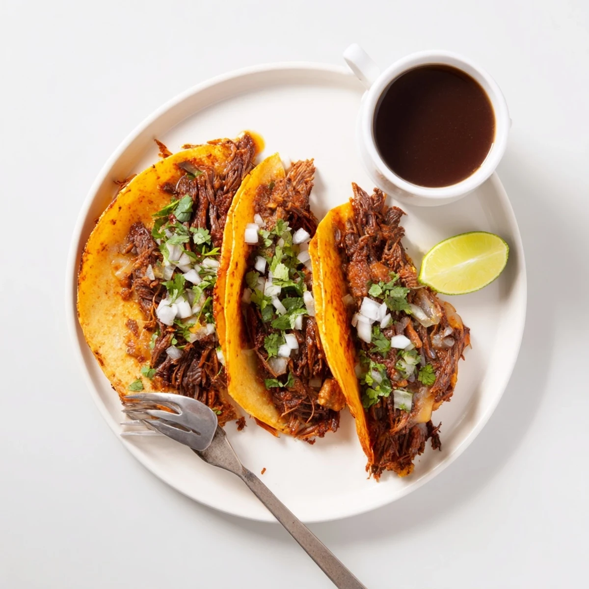 Golden Birria tacos arranged on a platter with small bowls of savory consommé for dipping alongside lime wedges