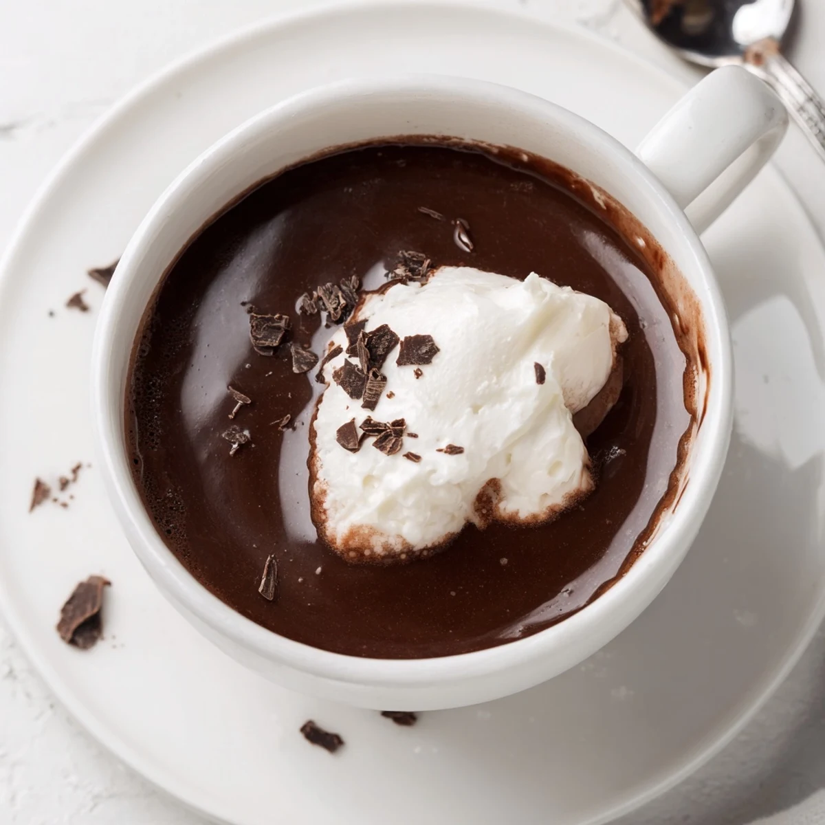 Steaming sugar-free hot chocolate recipe poured into ceramic mugs with whipped cream and cocoa dusting on top