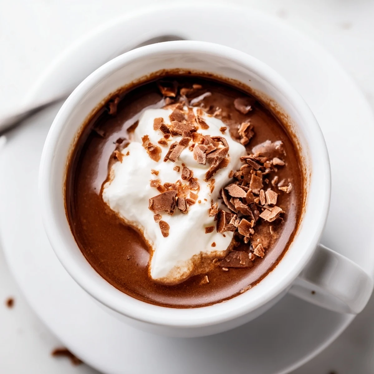 Rich velvety keto hot chocolate beverage garnished with whipped cream and shaved dark chocolate for a cozy treat