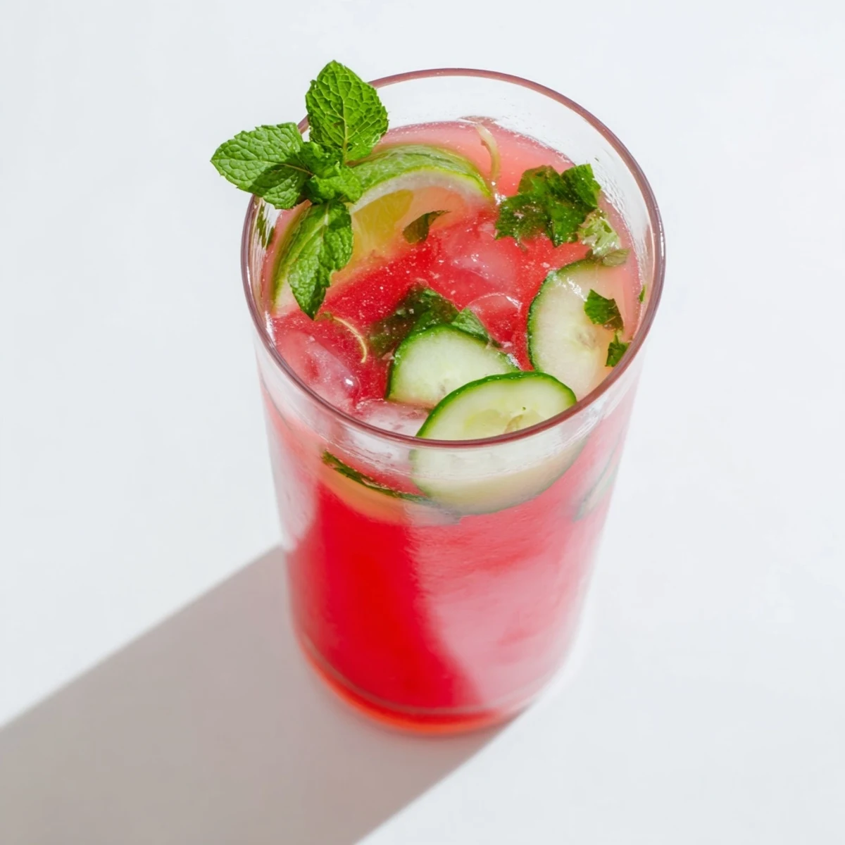 Refreshing low carb watermelon refresher with mint leaves and lime wedge garnish in clear glass