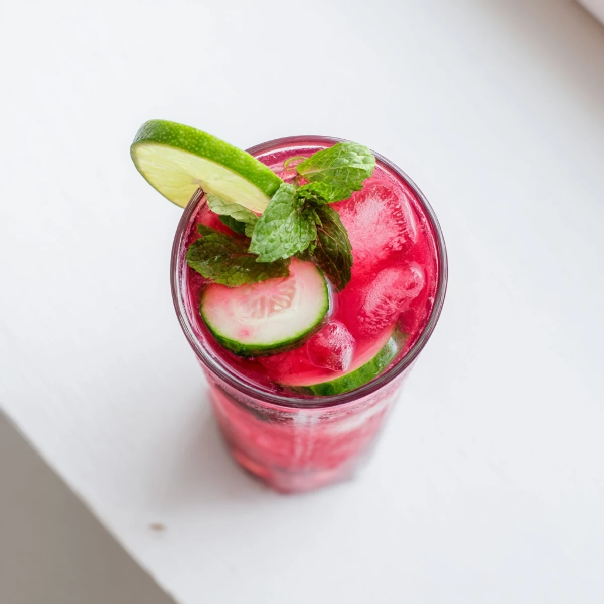 Pink low carb watermelon refresher drink with ice cubes and fresh cucumber slices on wooden table