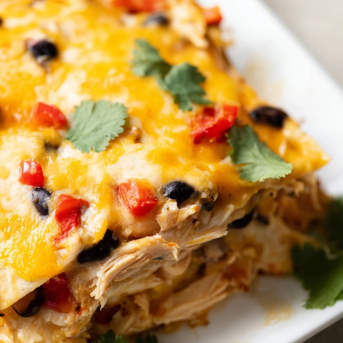 Golden bubbly creamy chicken taco lasagna with melted cheese and fresh cilantro garnish