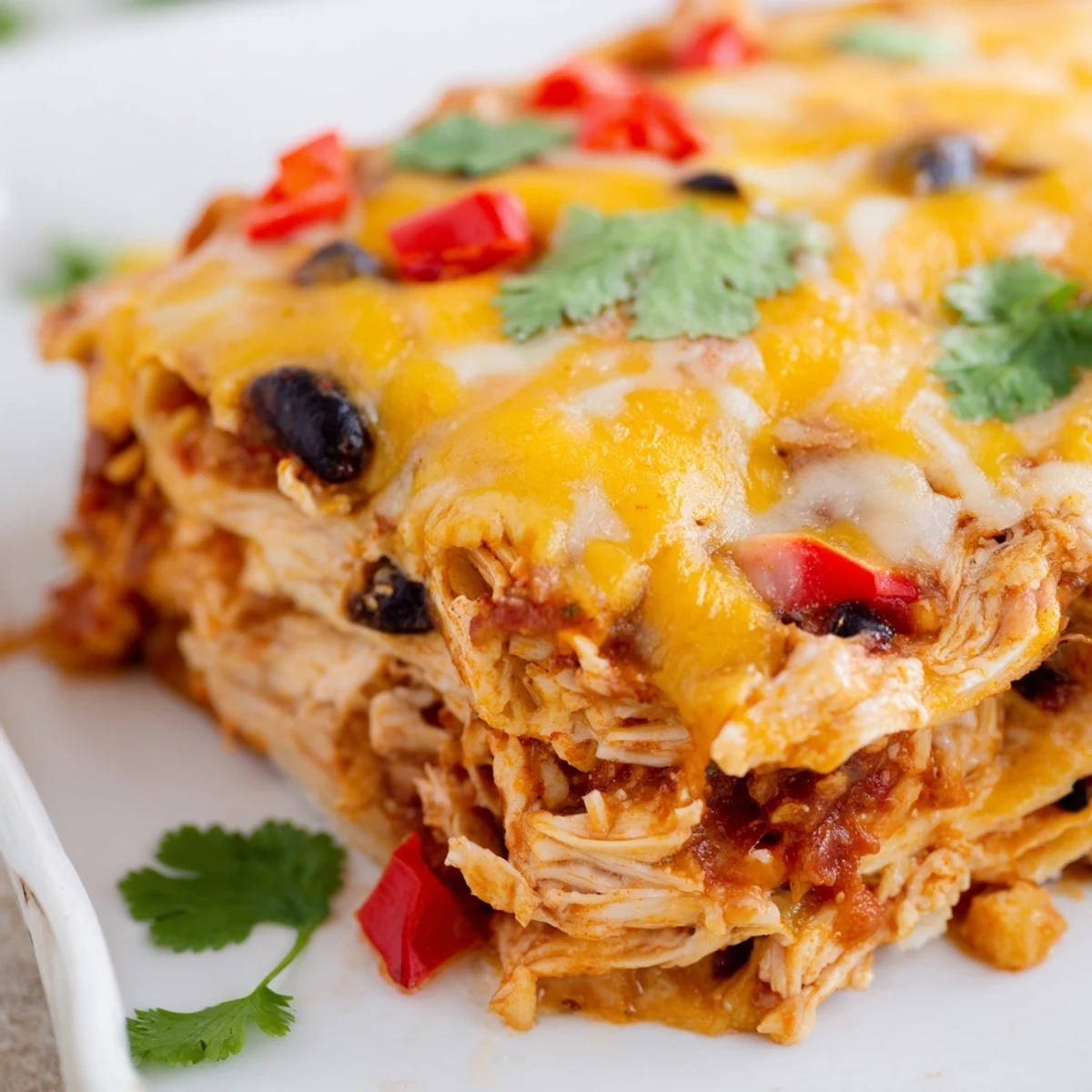 Layered fusion dish showcasing tender chicken and beans between soft flour tortillas with cheesy sauce