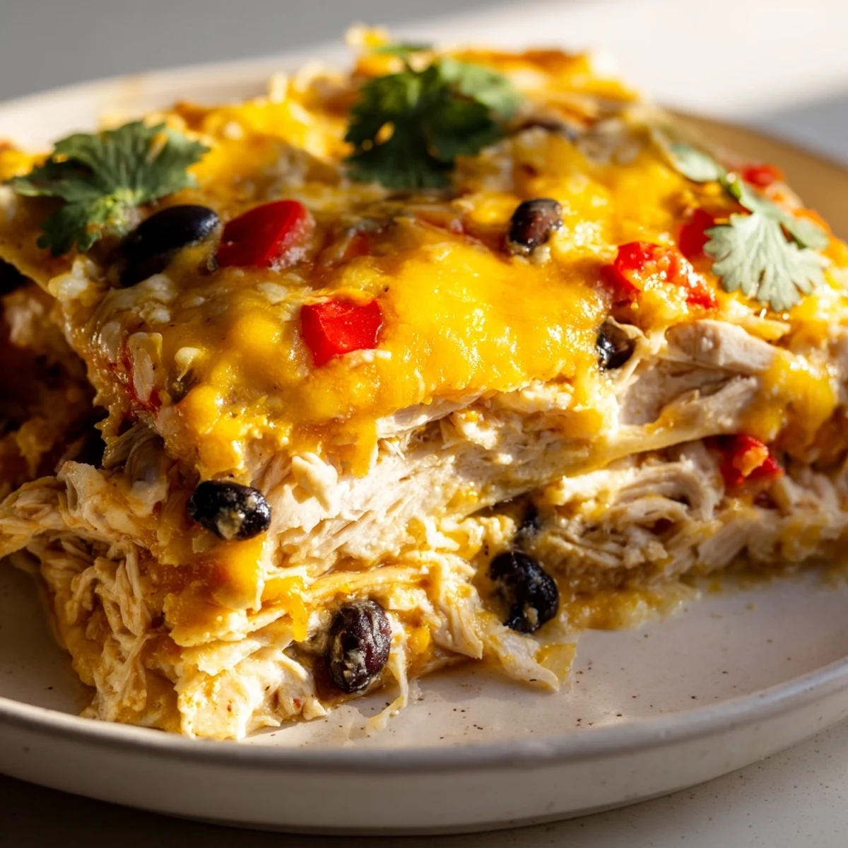 Sliced casserole revealing zesty chicken taco lasagna layers with rich cheddar and sour cream