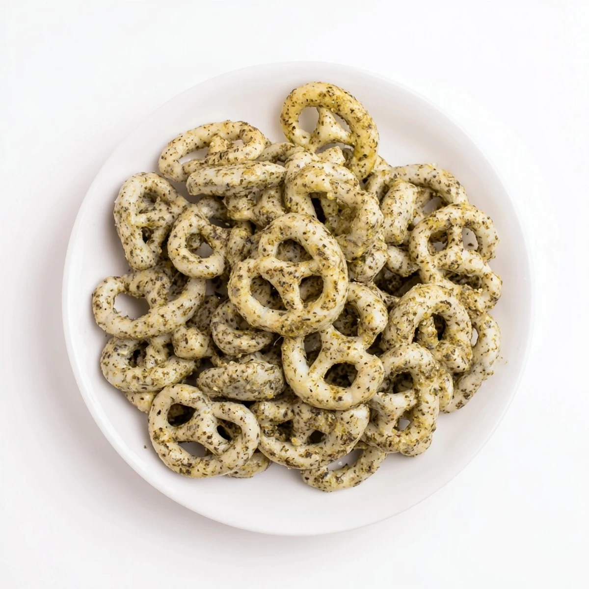 Golden brown pretzels coated in zesty dill pickle ranch seasoning, arranged on a parchment-lined baking sheet.