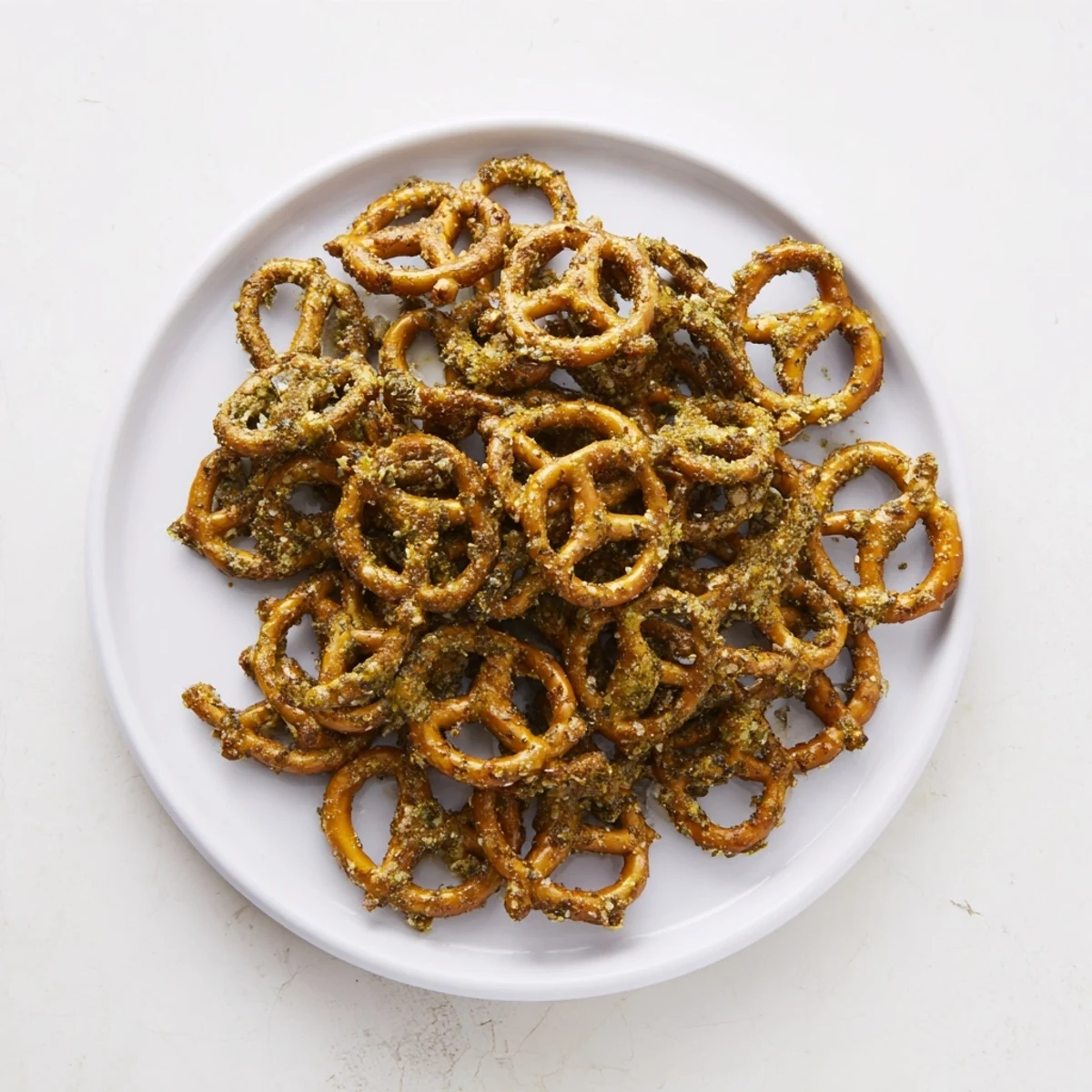 Crispy snack pretzels tossed with tangy ranch and dried dill, perfect for party serving bowls.