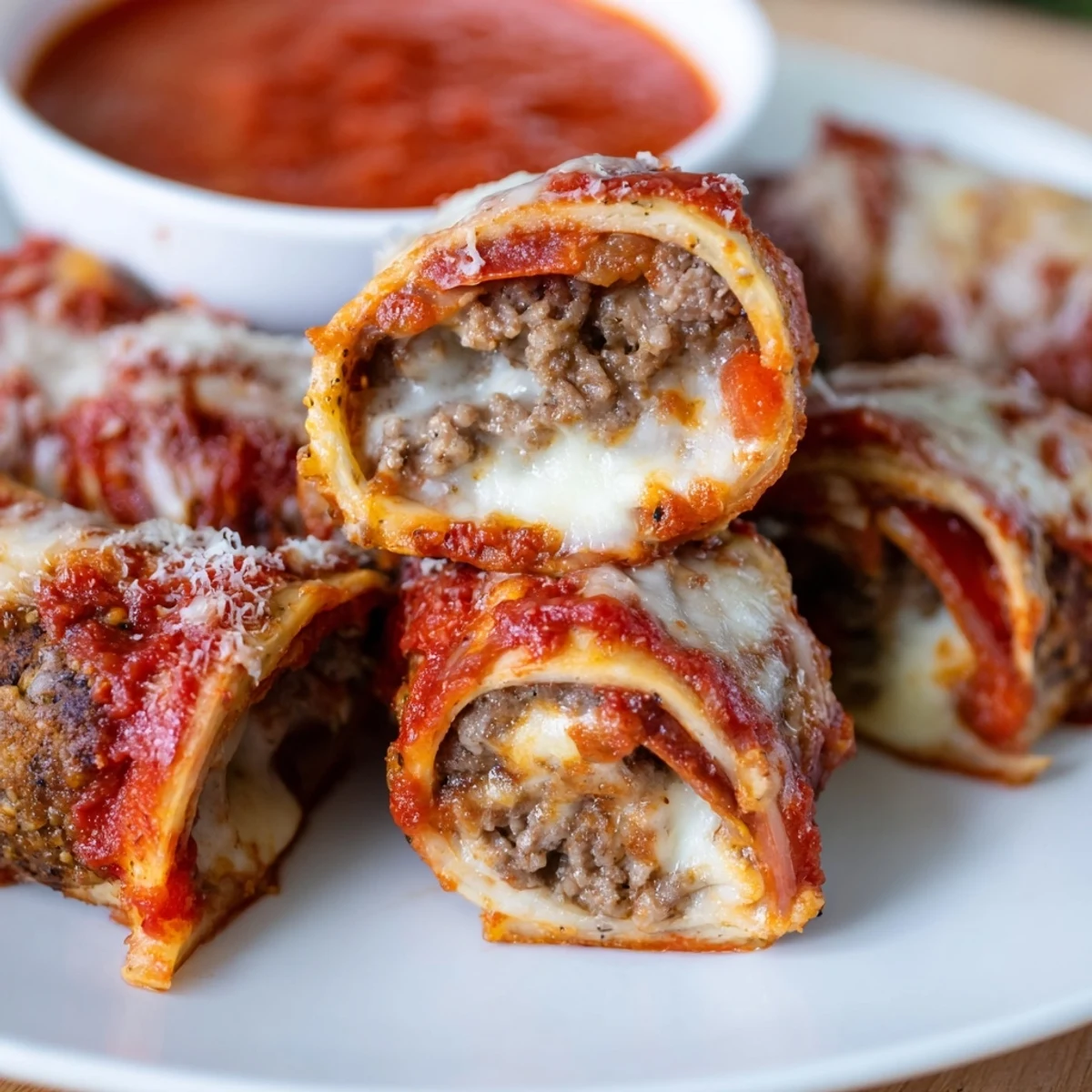 Golden keto beef pepperoni cheese roll ups baked until bubbly with melted mozzarella