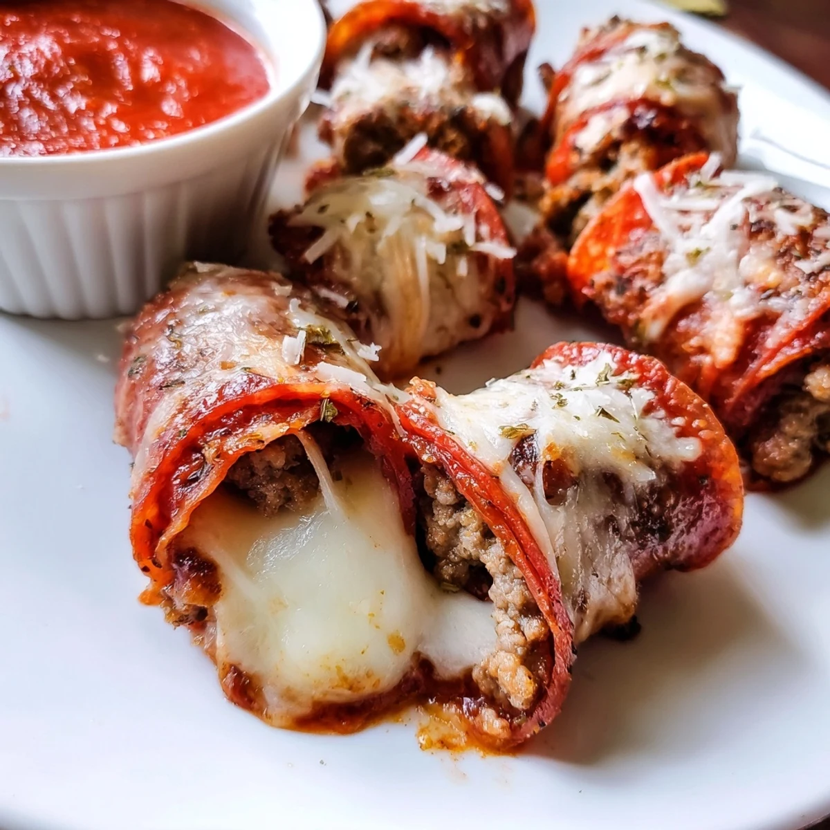 Savory low-carb beef roll ups stuffed with pepperoni and parmesan on a white plate