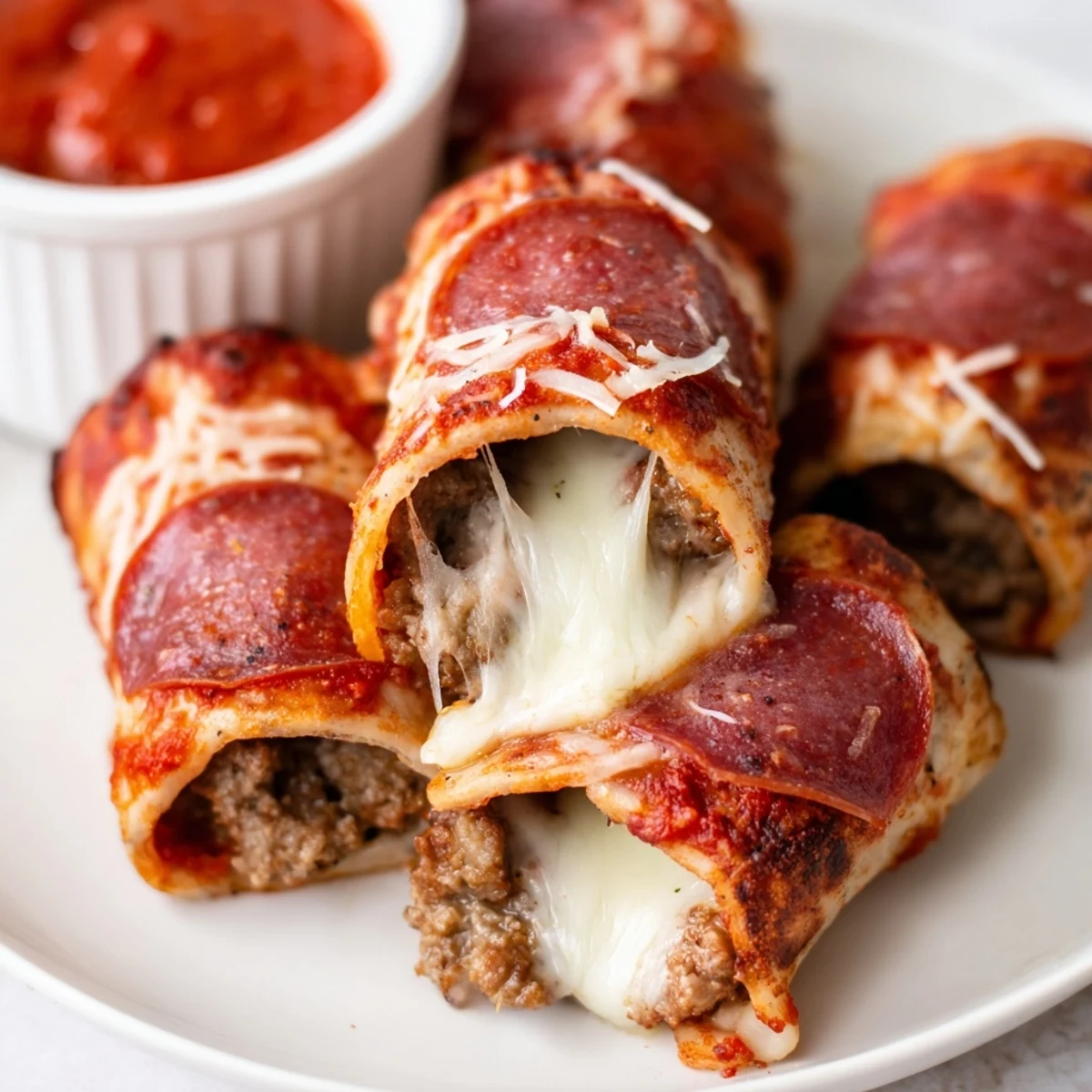Homemade keto beef pepperoni cheese roll ups served with marinara sauce for dipping