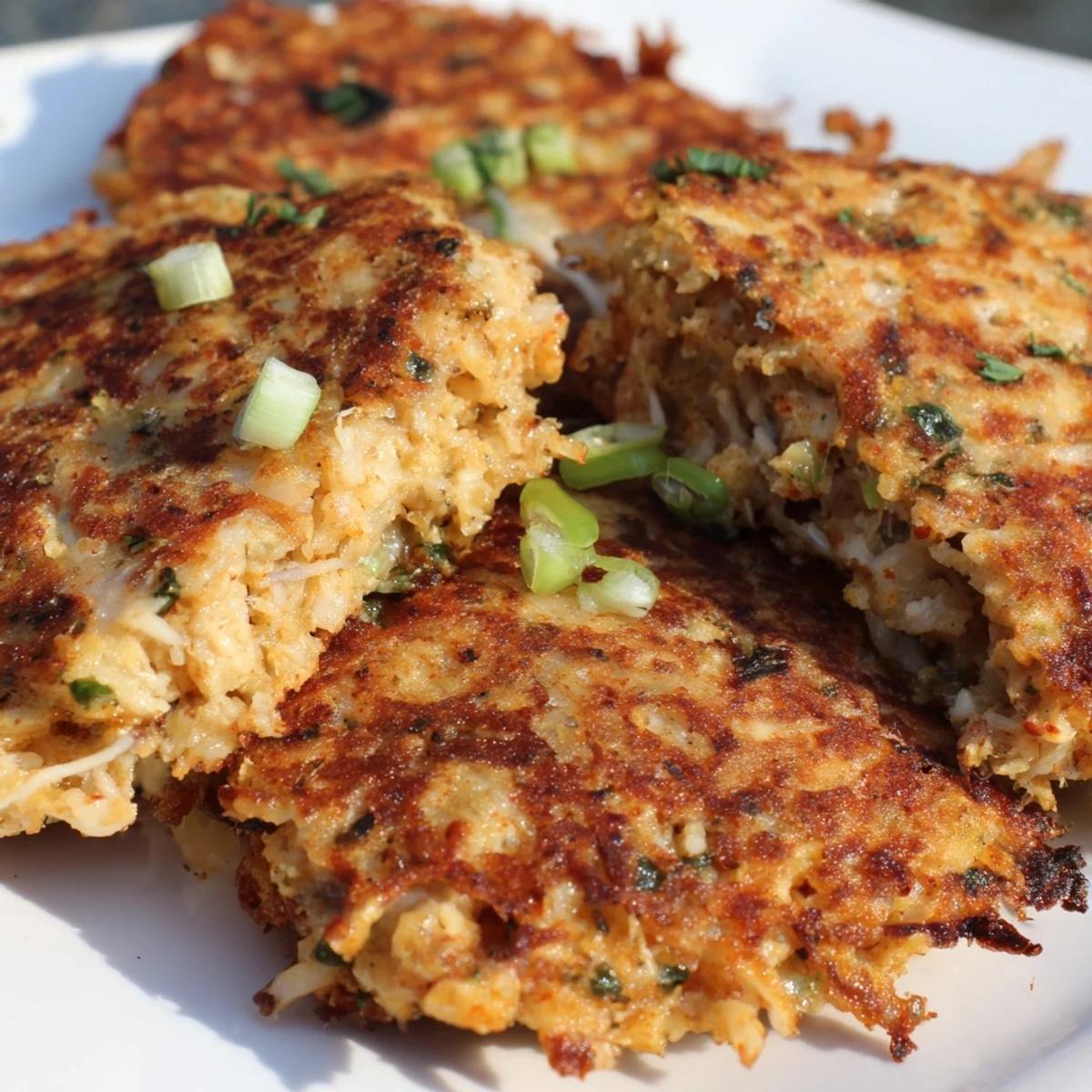 Plate of low carb cheesy chicken fritters garnished with fresh green onions and parsley