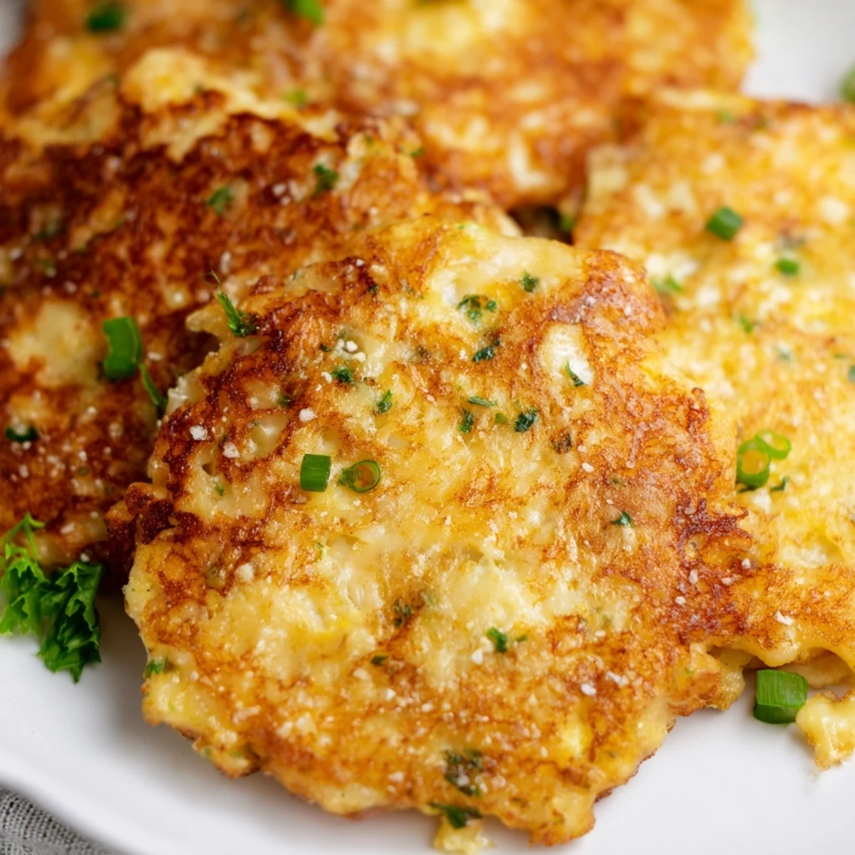 Golden brown keto cheesy chicken fritters pan-fried to crispy perfection with melted mozzarella
