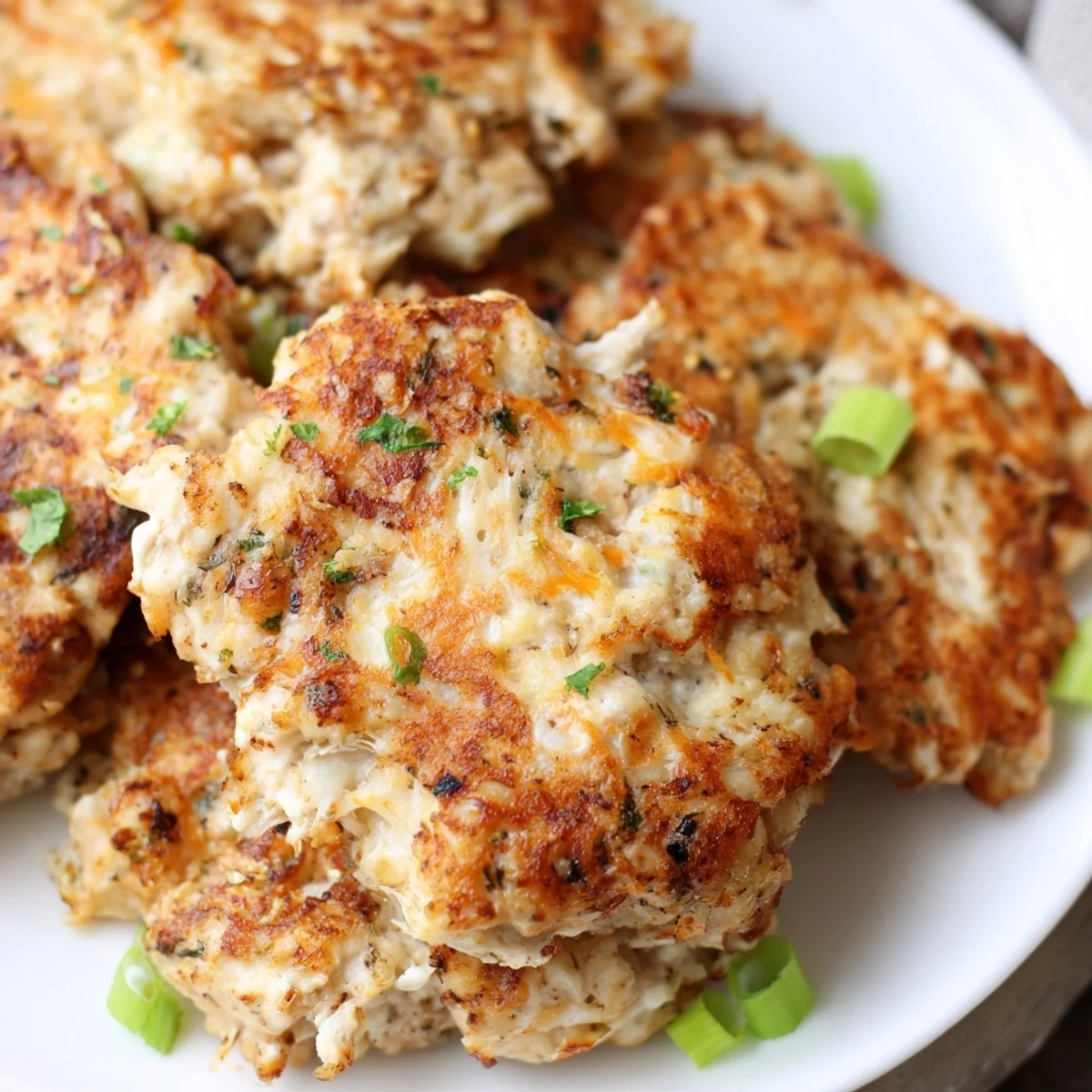 Homemade keto chicken fritters featuring savory parmesan and mozzarella on a white serving dish