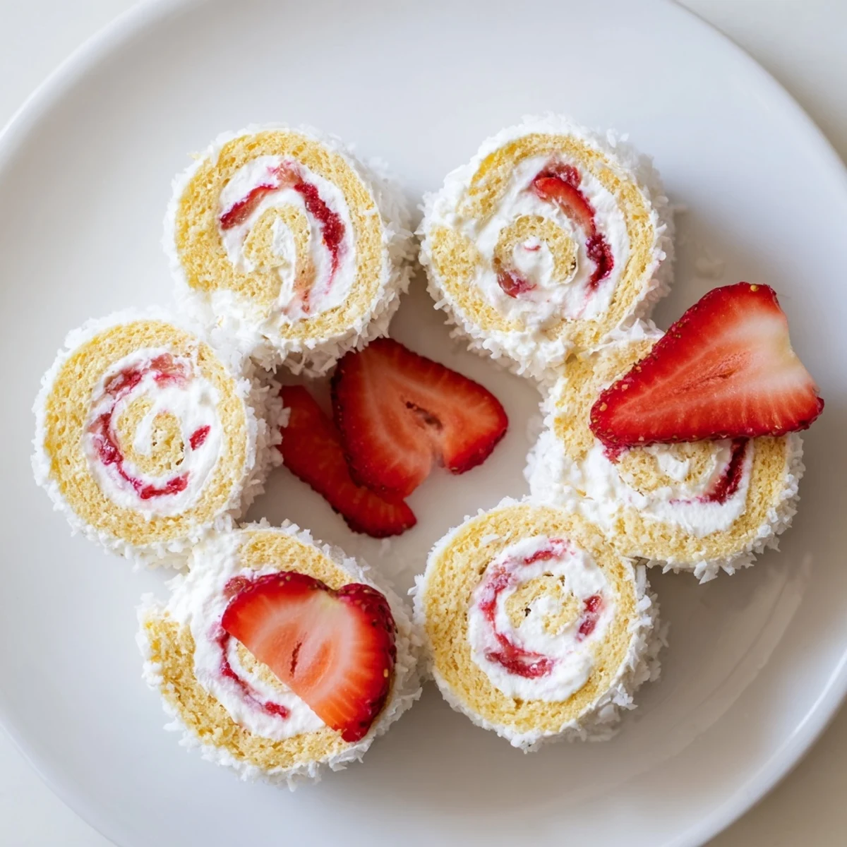 Whimsical strawberry shortcake sushi rolls featuring sponge cake, fresh strawberries, and whipped cream filling