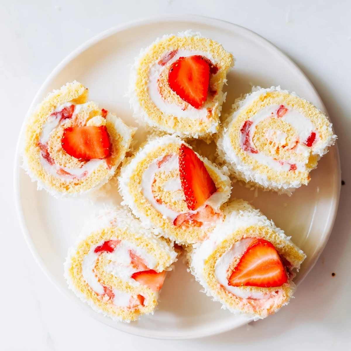 Bite-sized strawberry shortcake sushi rolls arranged on a white plate with coconut garnish