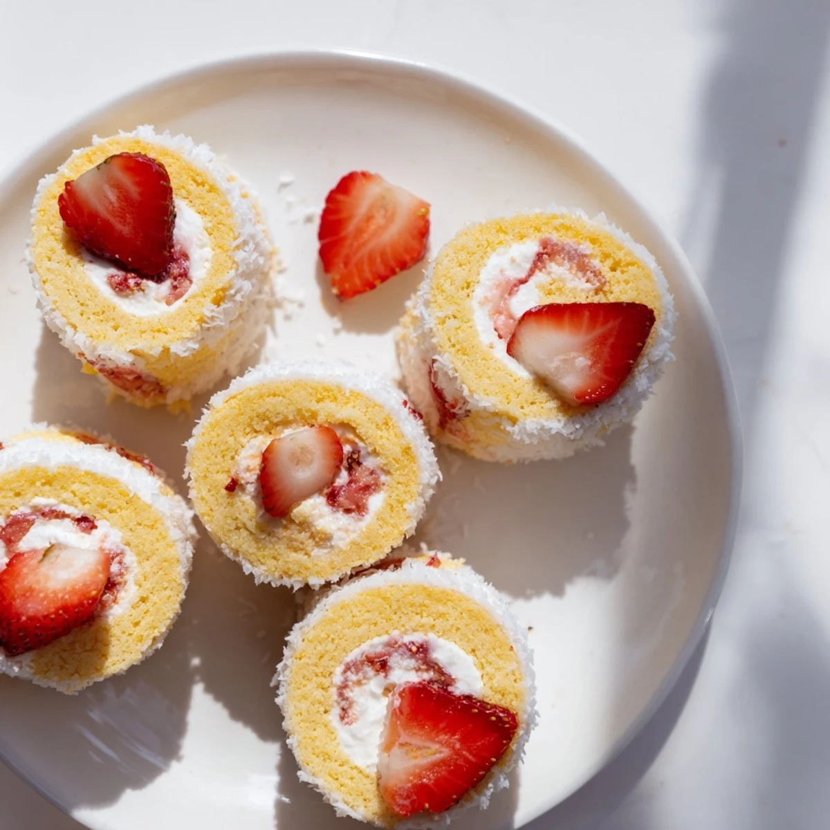 Fusion dessert of rolled sponge cake filled with sweetened whipped cream and diced strawberries