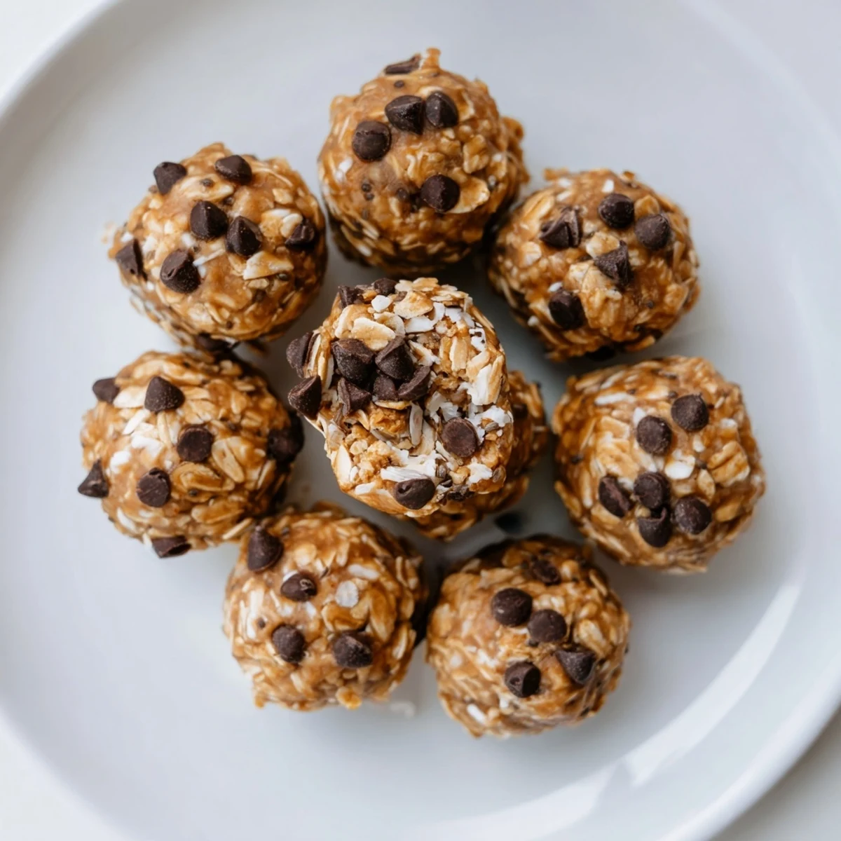 Golden peanut butter energy balls rolled with oats and dark chocolate chips on a wooden board