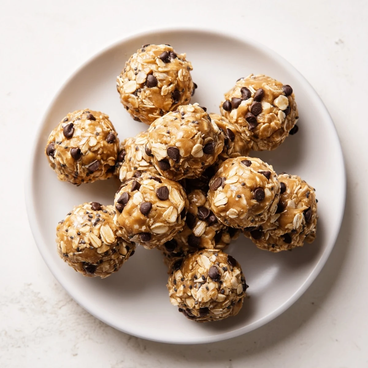 Plate of homemade peanut butter energy balls with rolled oats and chocolate chip pieces visible