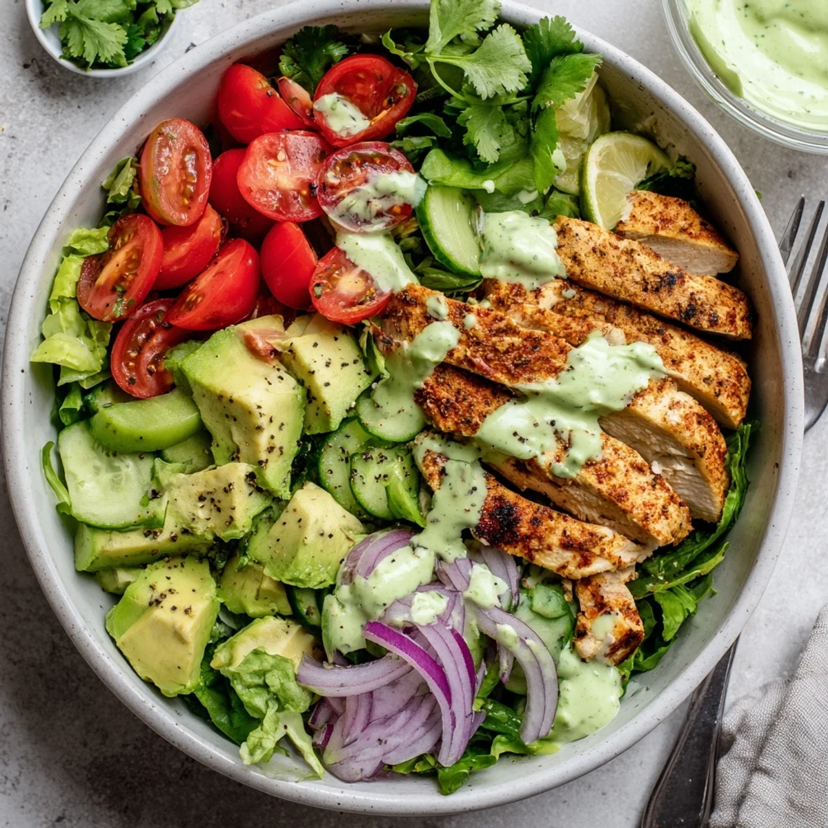 Nutritious avocado grilled chicken salad bowl featuring juicy seasoned chicken, crisp veggies and rich lime dressing garnished with fresh cilantro