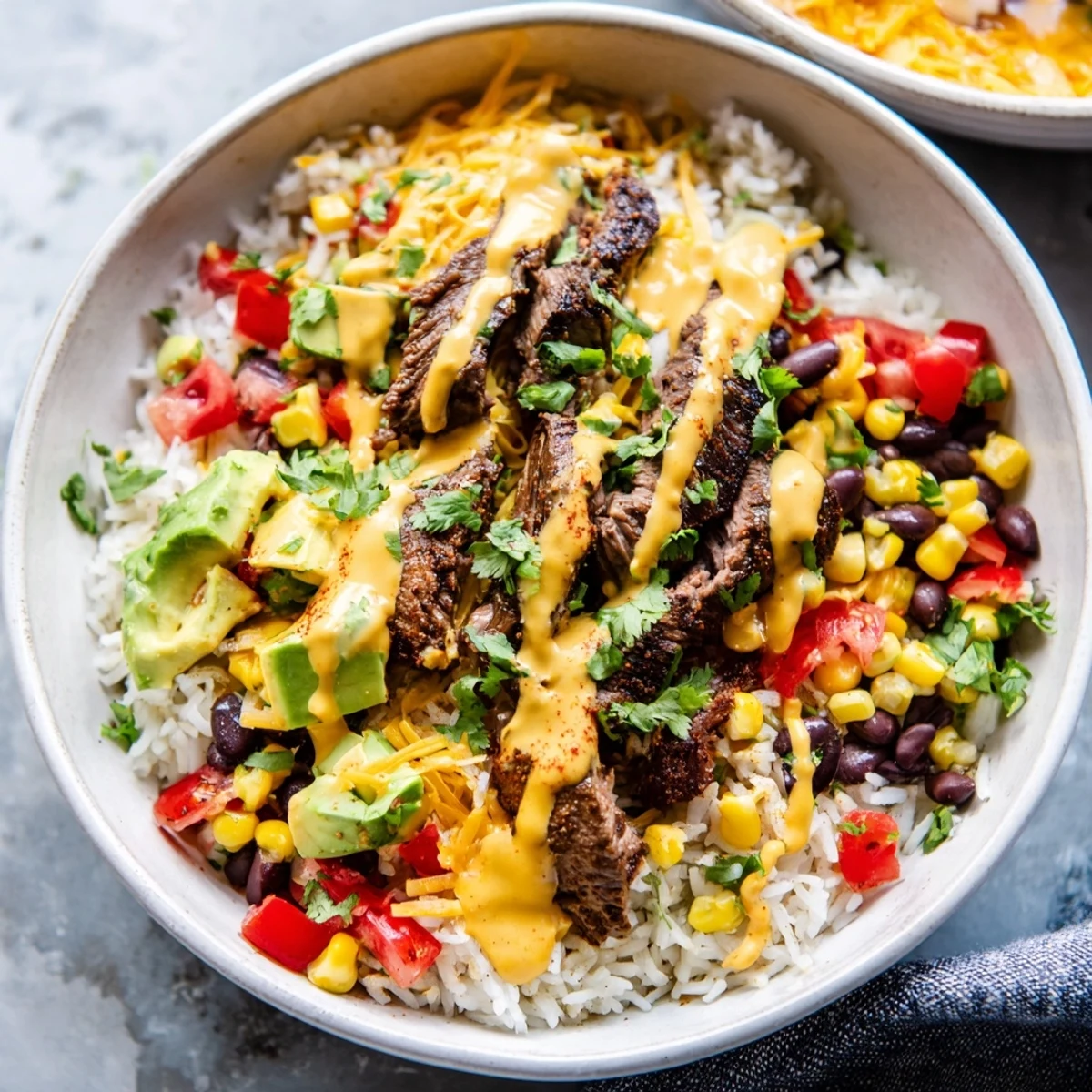 Steak queso rice bowl topped with seasoned flank steak and creamy melted cheddar cheese sauce
