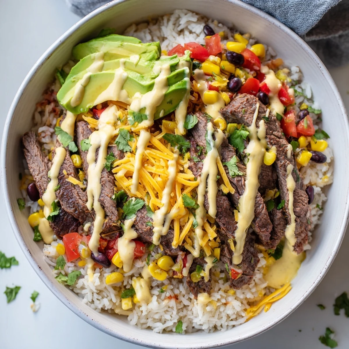 Hearty steak queso rice bowl garnished with avocado black beans fresh tomatoes and warm cheese sauce