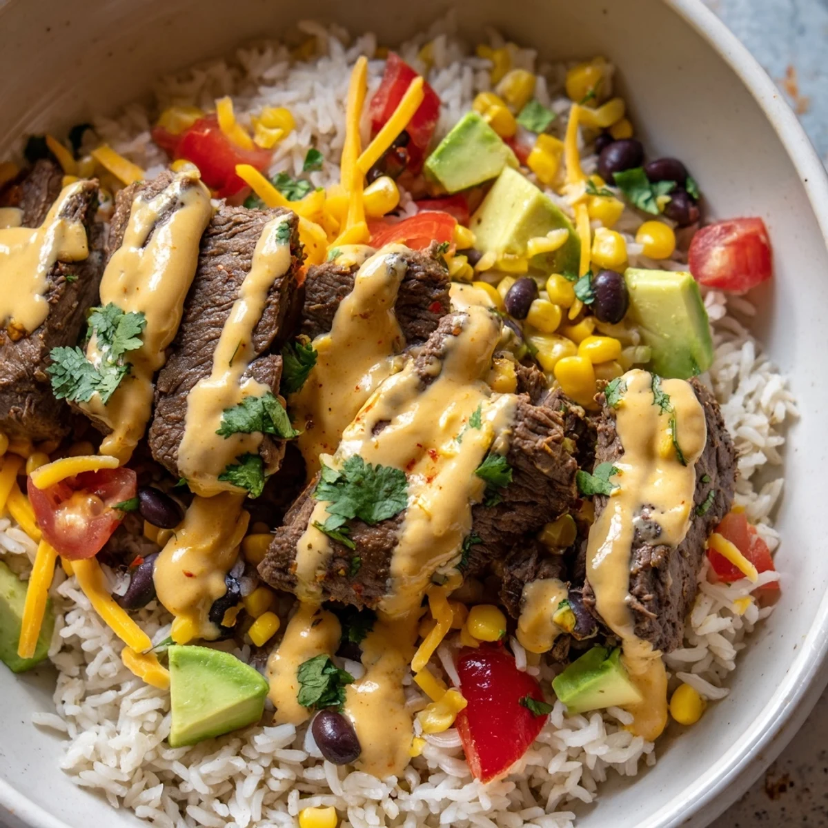 Tex-Mex steak queso rice bowl featuring juicy spiced steak over cilantro lime rice with drizzled queso