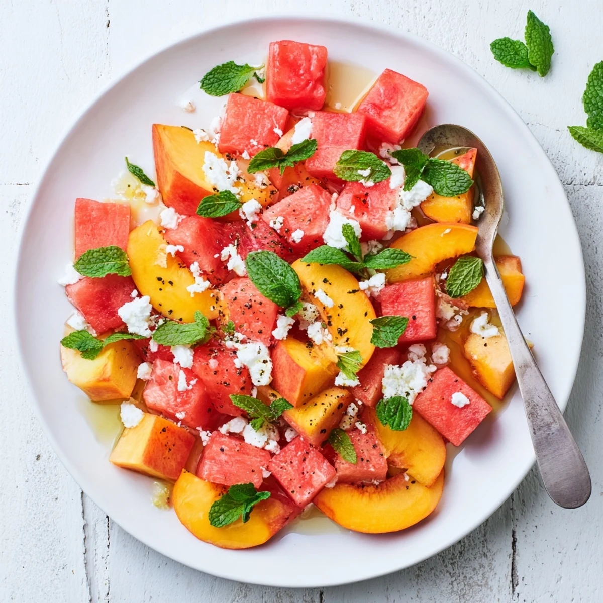 Fresh peach watermelon salad bowl with mint leaves and citrus drizzle on white wooden board