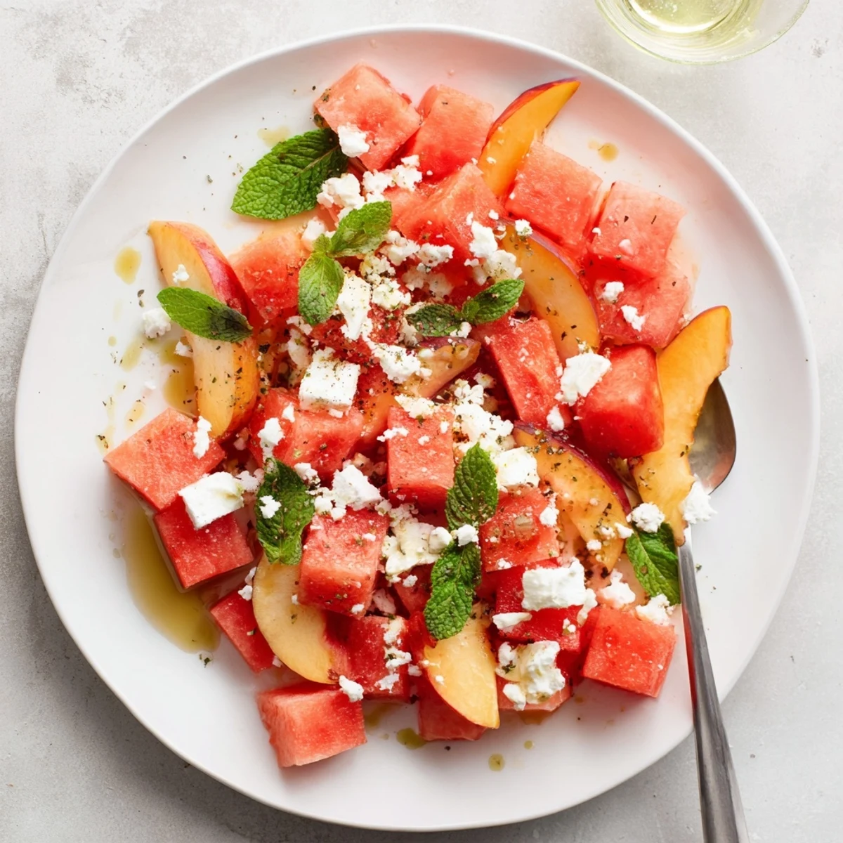 Vibrant peach watermelon salad featuring ripe fruit slices mint and olive oil dressing for summer picnics