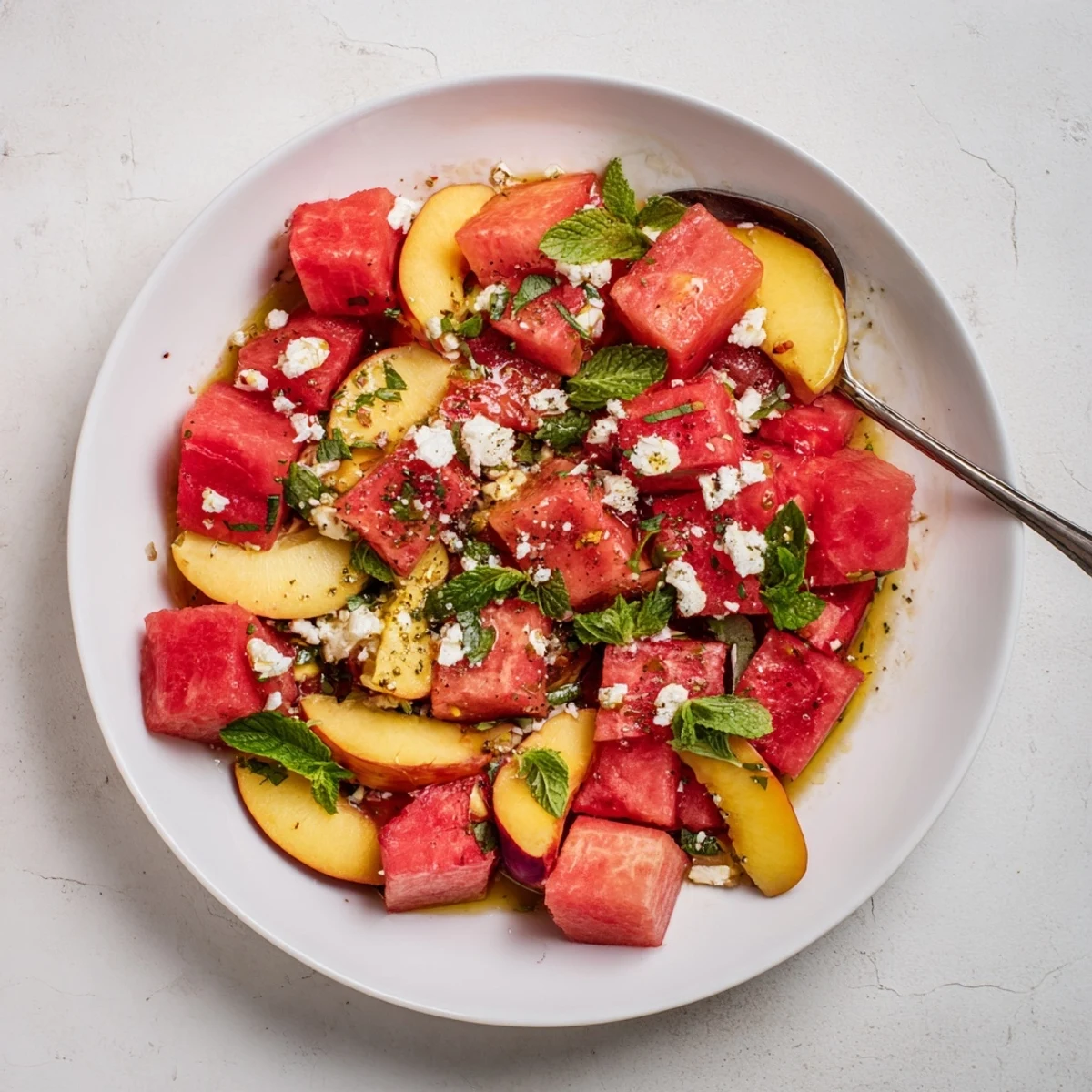 Colorful summer peach watermelon salad served in glass bowl with lime dressing and fresh herbs